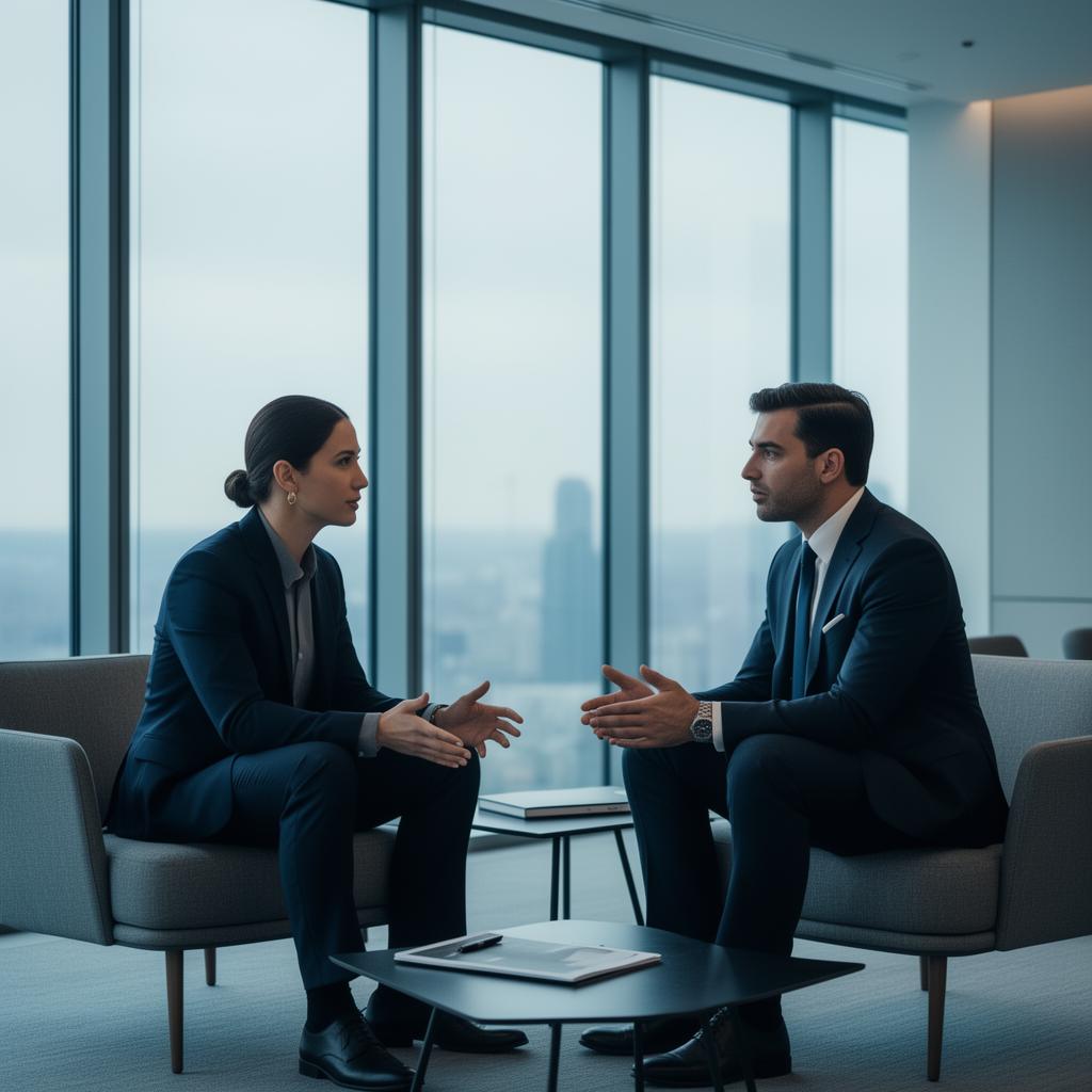 Conversa executiva em ambiente corporativo com vista para a cidade
