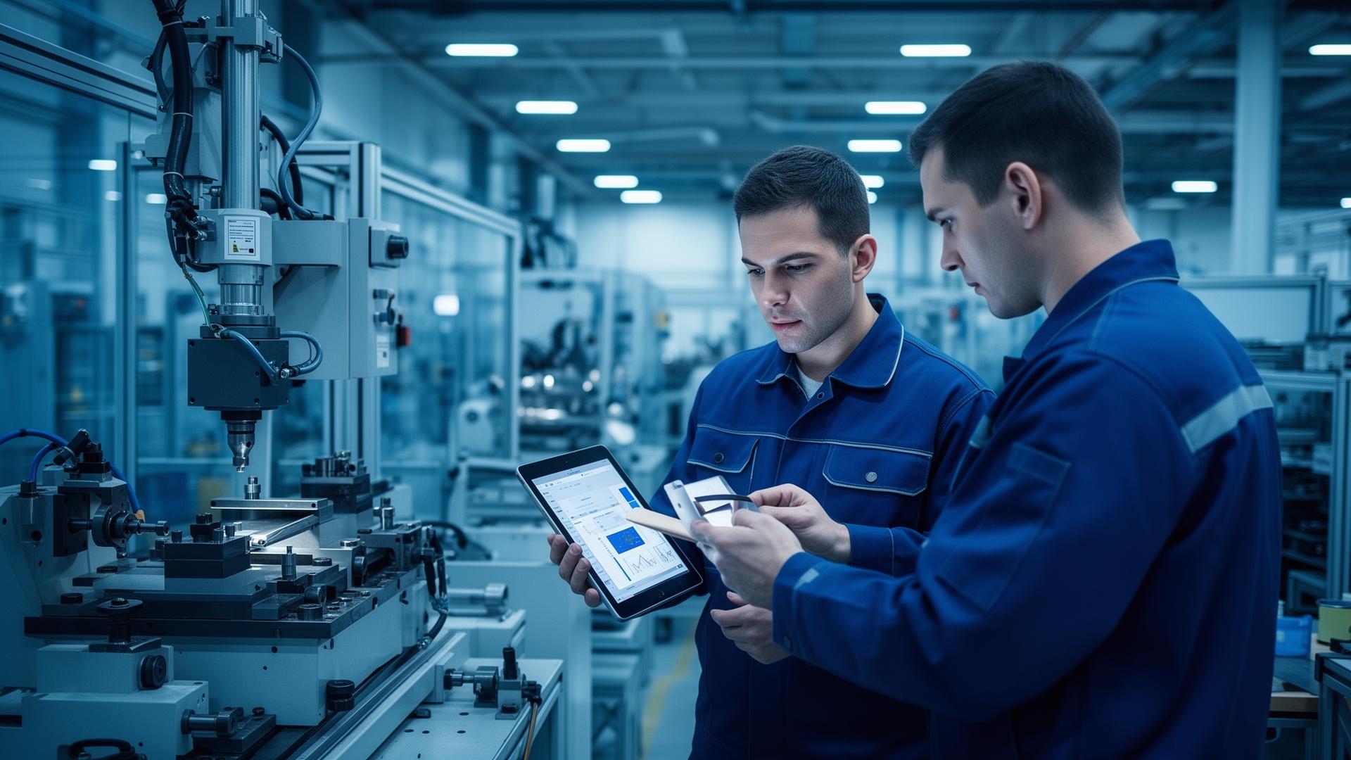 Engenheiros analisando dados em ambiente operacional industrial